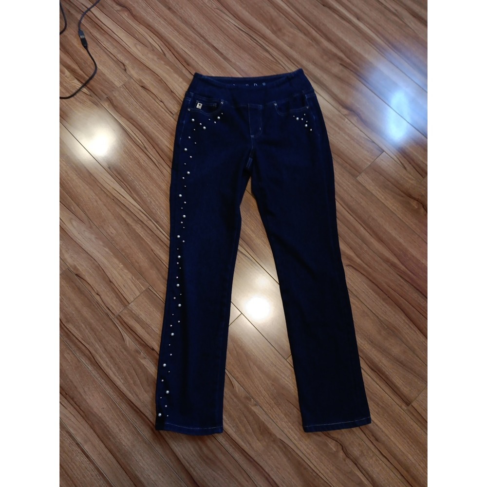 belle by kim gravel pull on jeans Sz 4 Dark Wash Womans Studded Pearls